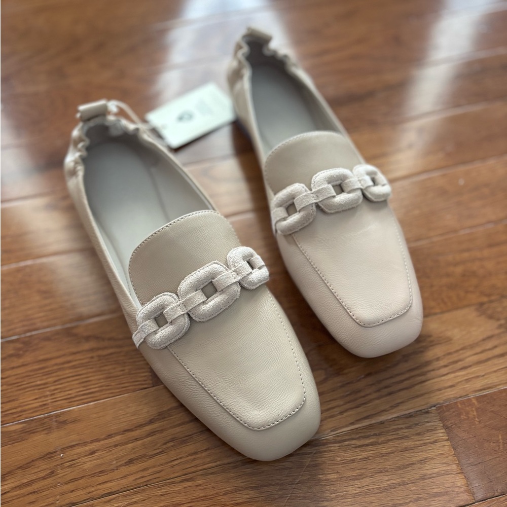 Sanctuary Cream Vegan Leather Loafers with Faux Suede Buckle Details